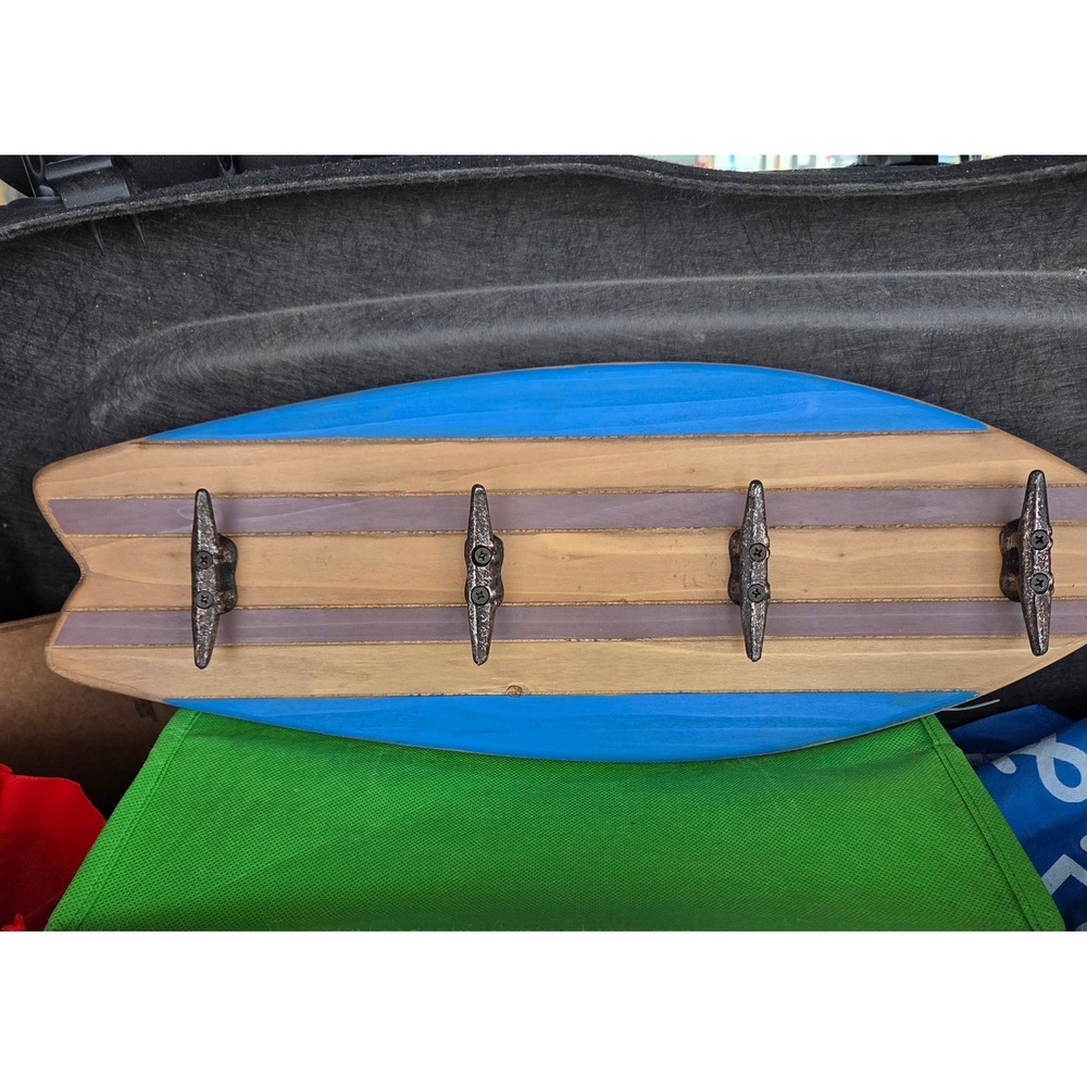 Wooden Surfboard Wall Hook Rack Nautical Boat Cleat Towel Hanger 21-3/4" Blue